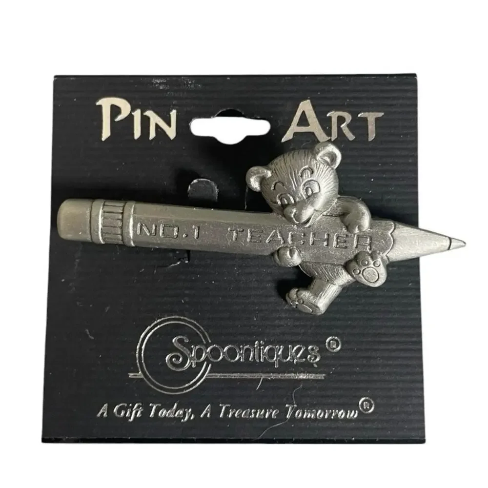 Vintage Spoontiques Pewter No. 1 Teacher Teddy Bear Holding A Pencil Brooch Pin